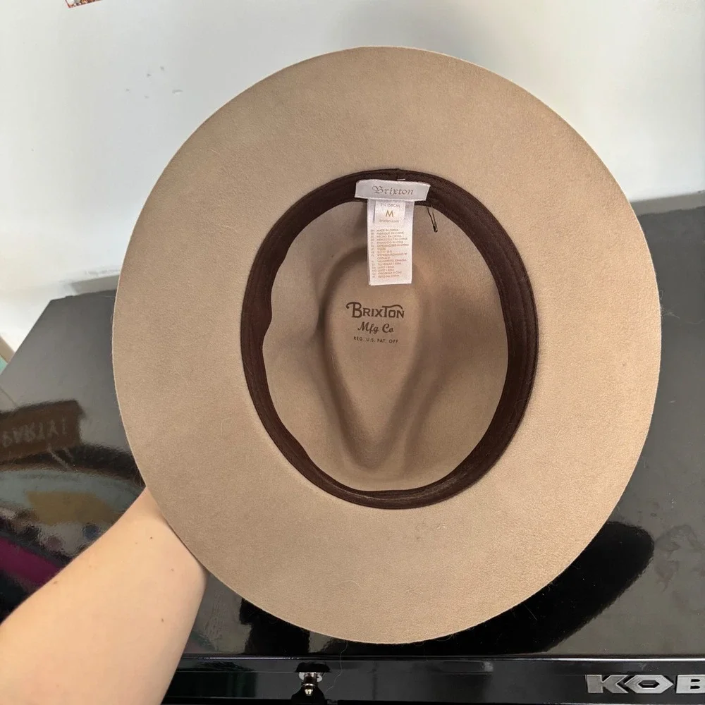 Brixton Messer Fedora Tan Wool Felt Wide‎  Brim Hat Leather Band Womens M 58cm